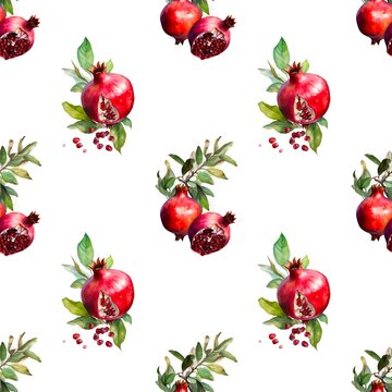 Seamless pattern with many pomegranates on white background in watercolor style. Generative AI.