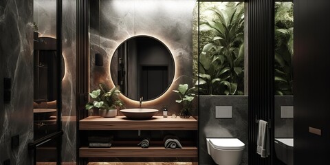 AI Generative. AI Generated. Asia luxury home house hotel luxury bathroom. Adventure calm relax vibe. Graphic Art