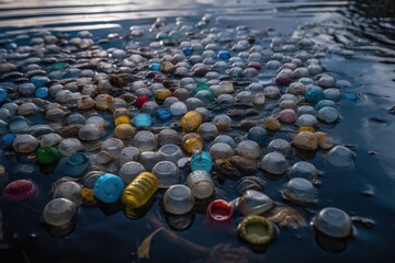 plastic bottle caps and other plastic waste floating on the surface of the ocean, created with generative ai