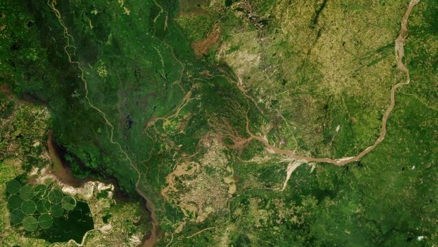 River flood in green landscape time lapse, Malawi, Africa. Based on image by Nasa