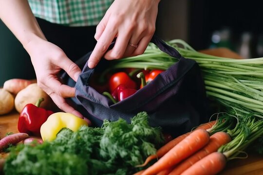 person, filling reusable bag with veggies and fruit from farmer's market, created with generative ai
