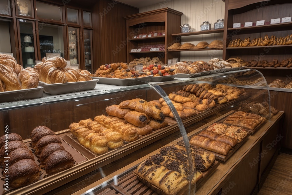 Sticker bakery, with display of freshly baked breads and pastries, created with generative ai