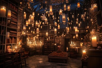 magical library, with floating books and candles, where magic is made, created with generative ai - obrazy, fototapety, plakaty