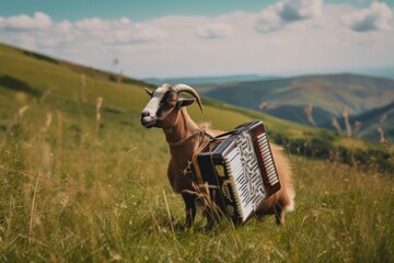 A goat standing in a field with an accordion. Generative AI image. - obrazy, fototapety, plakaty