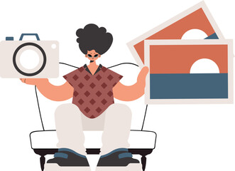 The individual holds a camera and photos in his hands. Isolated on white establishment. Trendy style, Vector Illustration