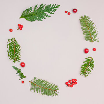 Green twigs and red berries arranged into a circle, Christmas wreath concept,