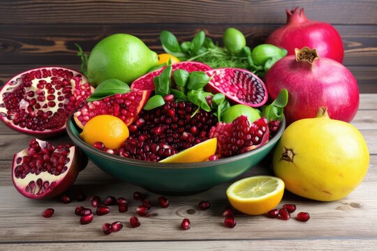 pomegranate in a bowl of fruit, surrounded by other fresh and colorful ingredients, created with generative ai