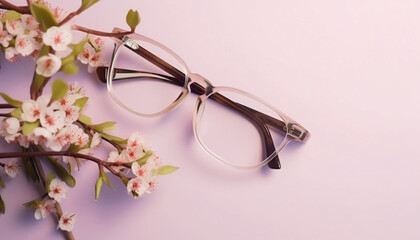 Translucent Frame of glasses of round shape on on a pastel pink background and flowers top view. Generative AI