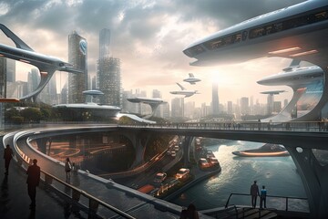 futuristic and conceptual bridge, with cars and people, over a futuristic cityscape, created with generative ai