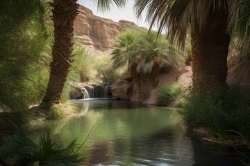 desert oasis with waterfall and greenery visible in the background, created with generative ai