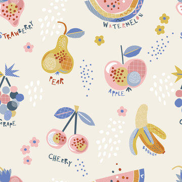 Decorative abstract cherry, apple, banana, pear, grape, watermelon, strawberry vector seamless pattern. Scandinavian childish summer fruity background. Baby surface design for textile fabric