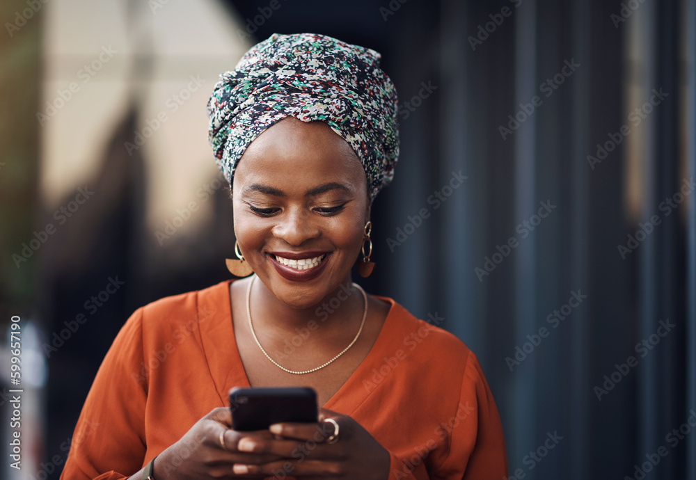 Aufkleber Black woman, happiness and phone text with online communication and networking. Happy, smile and female business employee on a mobile with social media and internet scroll reading a web message