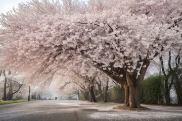 cherry blossom tree, with petals fluttering in the breeze, created with generative ai