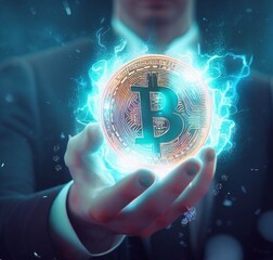 hand holding a sign on blue and gold bitcoin  background