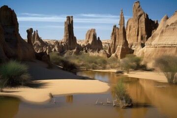 Fototapeta na wymiar desert oasis, with towering rock formations and natural waterfalls, surrounded by sand dunes, created with generative ai