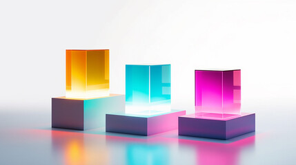 Acrylic Transparent Cubed Podiums with Luminescent Glow for Product Mock-Up and Product Placement on Light White Background - Generative AI