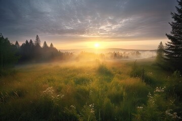 cloudy sunrise above misty meadow, with rays of sunlight filtering through the clouds, created with generative ai