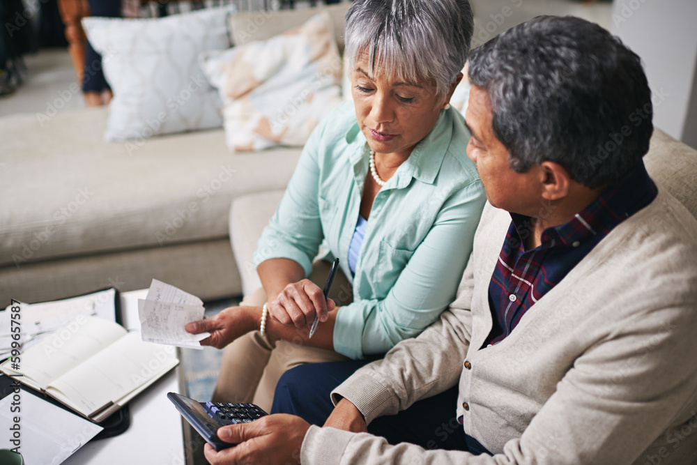 Canvas Prints Elderly couple, finance budget and life insurance discussion with banking details and bills. Retirement fund, senior people and communication in a home living room with paperwork and contract