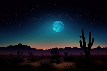 night sky, stars and moon above desert with silhouettes of cacti, created with generative ai
