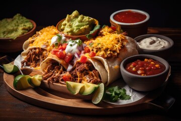 burrito and nachos platter with sizzling fajita meat, spicy salsa, and melted cheese, created with generative ai