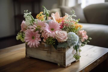 pastel flower arrangement in rustic wooden vase, created with generative ai