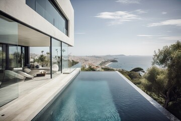 modern mediterranean home with infinity pool and terrace, views of the ocean, created with generative ai