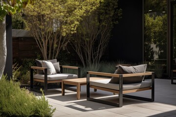 Obraz premium modern outdoor seating area features sleek lounge chairs and a coffee table, created with generative ai