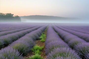 lavender field on a misty morning with fog rolling in, created with generative ai