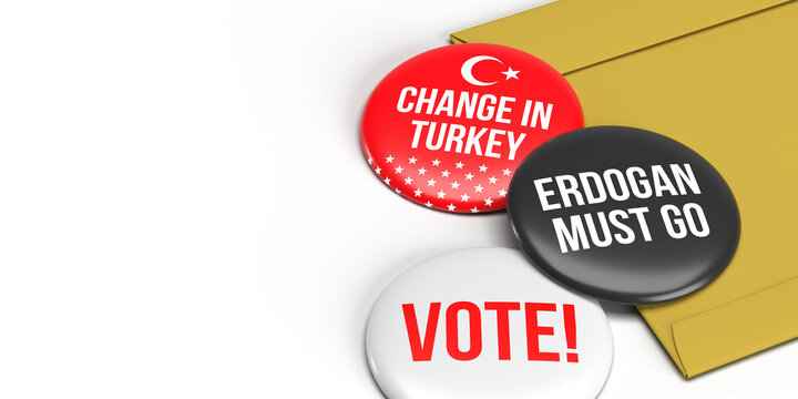 Change in Turkey, Erdogan must go, Vote text on colored Turkish flag designed badge over envelope, General and Presidential elections in Turkey 2023, background on white. 3D render illustration.