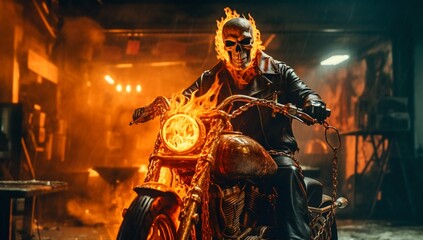 Ghost Rider with Flaming Motorcycle. Generative ai