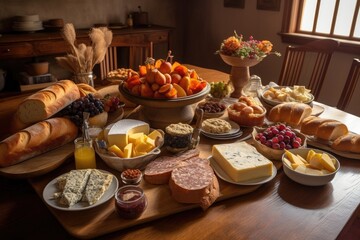 Fototapeta premium table setting with assortment of artisan breads, cheeses, and spreads, created with generative ai