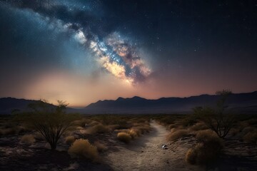 majestic desert landscape with night skies filled with stars and moonlight, created with generative ai