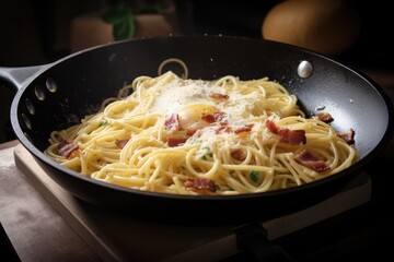 spaghetti carbonara being cooked in a skillet, with bacon and eggs frying, created with generative ai