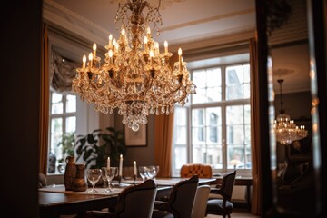 Fototapeta na wymiar gorgeous chandelier hanging from ornate ceiling above dining table, created with generative ai