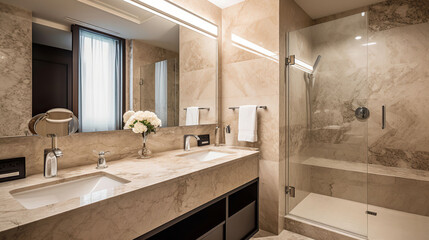 Interior of a luxury hotel bathroom with beige marble walls. AI Generative