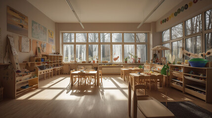 Fototapeta na wymiar Montessori material, Kindergarten Preschool Classroom Interior, wooden furniture and toys, AI Generative