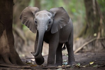 baby elephant, with its trunk and tusks in full view, exploring the world for the first time, created with generative ai