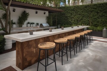 outdoor bar with seating and full service, offering cocktails and refreshments, created with generative ai