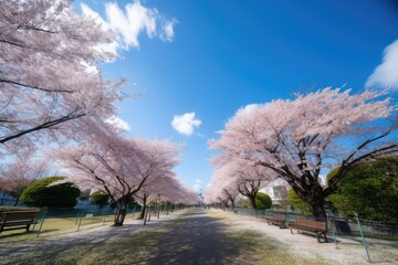Fototapeta na wymiar clear blue sky and cherry blossom bloom in park, created with generative ai