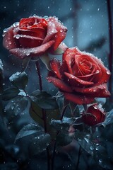 Red Roses in the Snow in the Garden. Generative ai