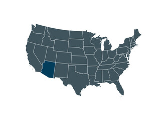 Map of Arizona on USA map. Map of Arizona highlighting the boundaries of the state of Arizona on the map of the United States of America.