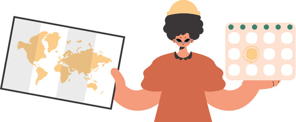 The individual holds a calendar and a chart of the world in his hands. Compelled on white establishment. Trendy style, Vector Illustration