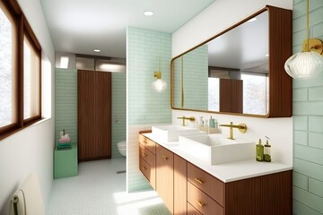 Naklejka na ściany i meble mid-century modern bathroom, with sleek fixtures and minimalist design, created with generative ai