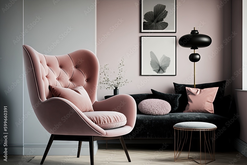 Sticker pink armchair in modern living room, surrounded by sleek and minimalist decor, created with generative ai