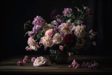 mauve and pink flowers in vase on dark wooden table, created with generative ai - obrazy, fototapety, plakaty