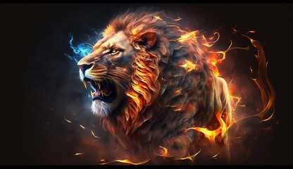 Roaring Mighty Fantasy Lion with Flames and Glowing Aura. Generative ai