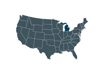 Map of Michigan on USA map. Map of Michigan highlighting the boundaries of the state of Michigan on the map of the United States of America.