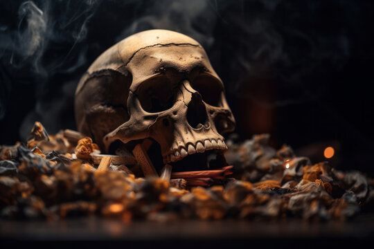 A poignant image of a human skull surrounded by smoke and cigarettes, reminding people of the dangers of tobacco use on No Tobacco Day, captured by AI Generative for health advocacy campaigns.