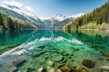 Naklejka na ściany i meble crystal-clear lake surrounded by snowy mountain peaks and forests, created with generative ai