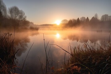 sunrise over misty lake, with the reflection of the sun visible in the water, created with generative ai
